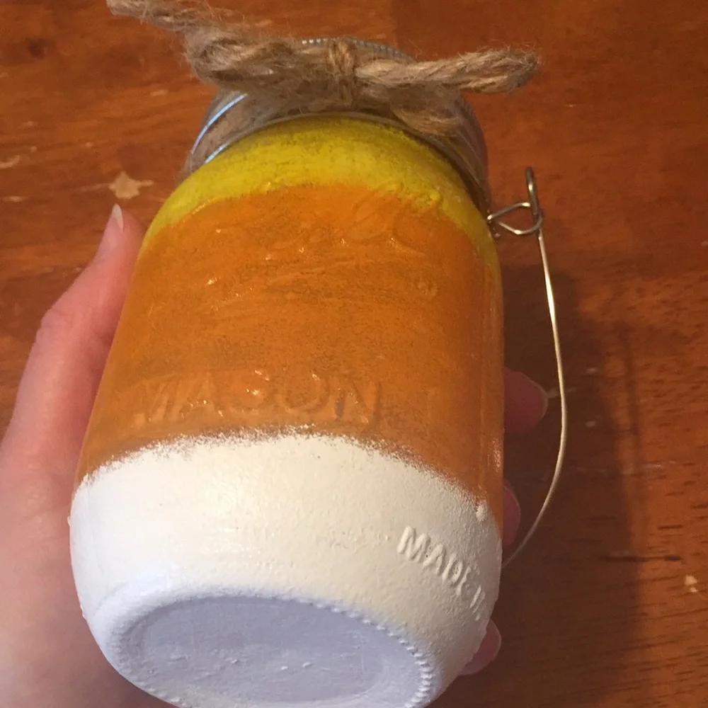 Handmade- hand painted Candy Corn solar jar lantern